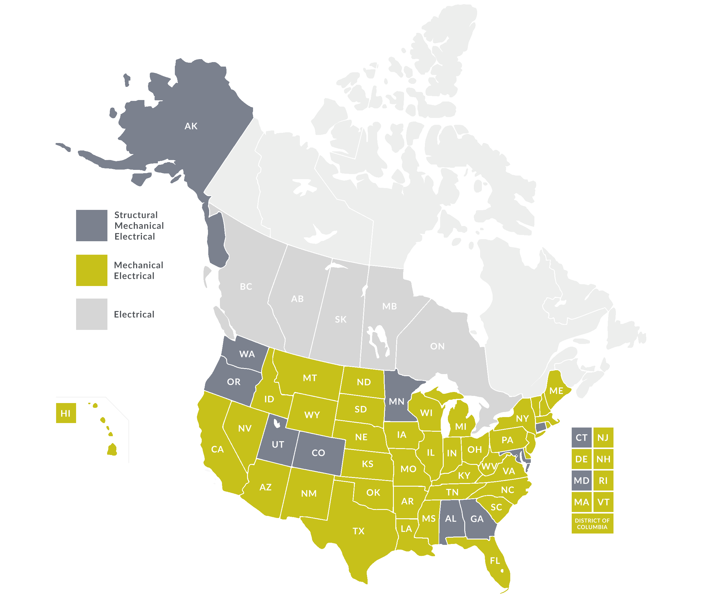 Map showing U.S. states and Canadian provinces where Nelson‑Rudie professional engineers hold active licensure, categorized by engineering discipline.