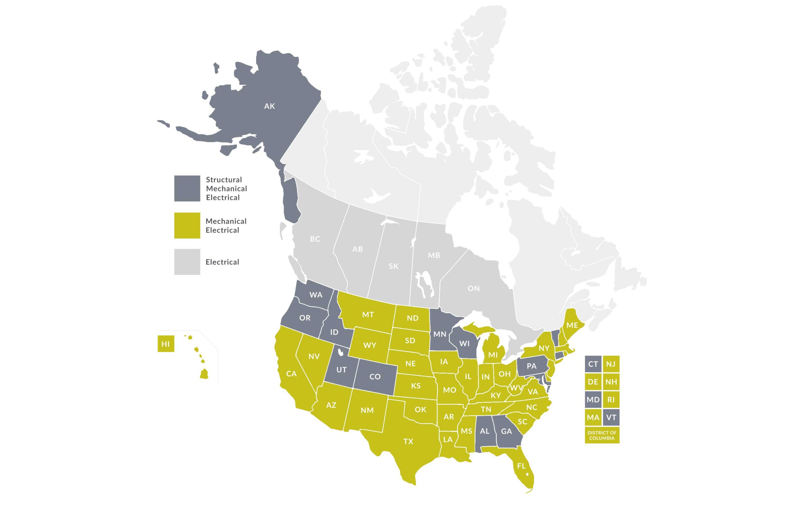 This map reflects the jurisdictions where Nelson‑Rudie professional engineers hold active licensure by discipline.