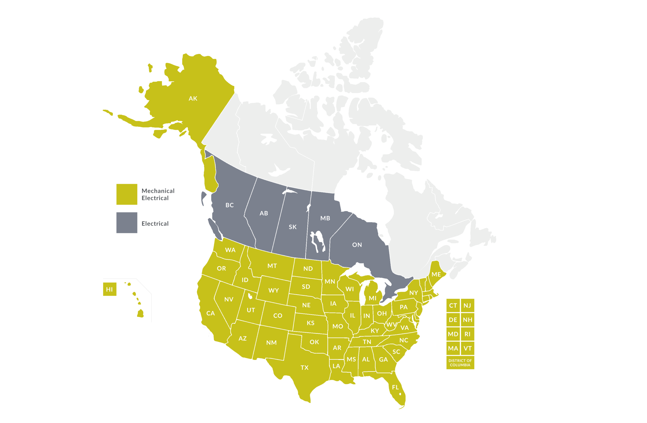 Map showing U.S. states and Canadian provinces where Nelson‑Rudie professional engineers hold active licensure, categorized by engineering discipline.