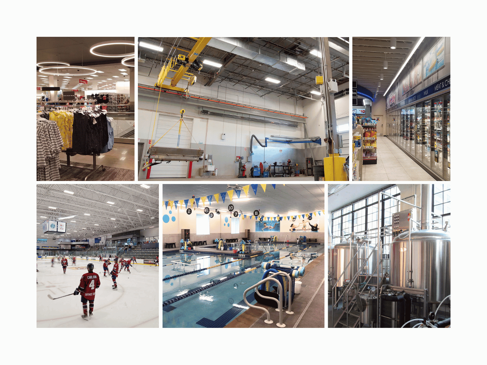 Collage of Nelson-Rudie projects including retail, convenience store, industrial, recreation, aquatic, and food and beverage facilities across North America.
